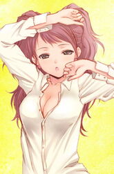  :o beads black_eyes breasts buttoned_cuffs buttons cleavage collarbone collared_shirt dress_shirt earrings female half-closed_eyes hand_on_own_forehead jewelry kujikawa_rise large_breasts long_hair long_sleeves looking_at_viewer open_clothes open_cuffs open_shirt partially_unbuttoned persona persona_4 red_hair seiru_(prairie) shirt solo surgeon_cuffs swept_bangs two_side_up unbuttoned upper_body white_shirt yellow_background 