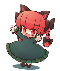  animal_ears arms_up braid cat_ears chibi commentary_request dress female hair_ribbon kaenbyou_rin onmitsu_doushin_a painttool_sai_(medium) red_eyes red_hair ribbon solo touhou twin_braids twintails 