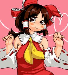  armpit_hair bow brown_eyes brown_hair commentary_request detached_sleeves female hairbow hakurei_reimu japanese_clothes miko red_bow solo touhou yoshino_norihito 