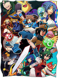  4boys 6+girls arle_nadja arms_up bad_id bad_pixiv_id belt black_hair blue_hair blue_skirt boots brown_hair carbuncle_(puyopuyo) china_dress chinese_clothes choppun circlet closed_eyes creature draco_centauros dress everyone evil_smile fujitsuna green_hair grey_hair half_updo harpy_(puyopuyo) headband honey_bee_(puyopuyo) incubus_(puyopuyo) kikimora_(puyopuyo) lagnus_the_brave long_hair madou_monogatari multiple_boys multiple_girls pink_hair puyo_(puyopuyo) puyopuyo red_eyes rulue_(puyopuyo) satan_(puyopuyo) schezo_wegey serilly_(puyopuyo) short_hair skirt smile suketoudara sword weapon wings witch_(puyopuyo) yellow_eyes 