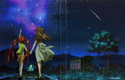  2girls air_(visual_novel) aratani_tomoe crease from_behind highres michiru_(air) multiple_girls night night_sky pointing pointing_up power_lines scan shooting_star sky star_(sky) stargazing starry_sky toono_minagi utility_pole 