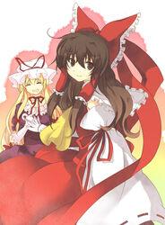  2girls akarino_(yucco) blonde_hair brown_eyes brown_hair commentary_request hakurei_reimu long_hair multiple_girls ribbon touhou yakumo_yukari 