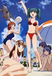  3boys 6+girls aircraft airplane arm_up ass ball barefoot beach_umbrella bikini cloud day doi_shizuha eyewear_on_head honjou_mikaze jet kikuhara_karin kisaragi_sayaka megami_magazine multiple_boys multiple_girls nakamura_ayamo navel official_art red_bikini side-tie_bikini_bottom sky stratos_4 sunglasses swimsuit tsr-2 twintails umbrella yamauchi_noriyasu 