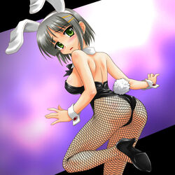  aizawa_sakuya animal_ears ass commentary_request female fishnet_pantyhose fishnets green_eyes grey_hair hayate_no_gotoku! high_heels pantyhose peter_(gvb) playboy_bunny rabbit_ears shoes short_hair solo 