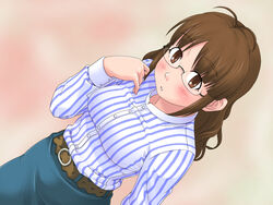  :o akizuki_ritsuko alternate_hairstyle antenna_hair belt blue_skirt blush breasts brown_eyes brown_hair buttons commentary_request cowboy_shot dutch_angle female from_above glasses hair_down idolmaster idolmaster_(classic) idolmaster_1 long_hair long_sleeves looking_at_viewer looking_up medium_breasts medium_skirt rimless_eyewear shirt skirt solo striped_clothes striped_shirt tareme toshifumi vertical-striped_clothes vertical-striped_shirt wavy_hair 