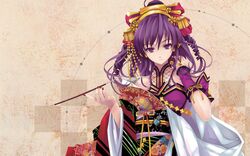  beatmania_iidx female highres holding holding_smoking_pipe japanese_clothes kimono kiseru misaki_kurehito nail_polish purple_eyes purple_hair red_nails ribbon smoking_pipe solo umegiri_hifumi 