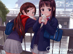  2girls bag baozi blazer bridge brown_eyes brown_hair cellphone eating enoshima food gagraphic hair_ornament hairclip jacket kamakura_(city) long_hair looking_back multiple_girls naruko_hanaharu phone photoshop_(medium) plaid plaid_skirt ponytail railing real_world_location scarf school_uniform skirt standing 