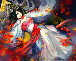  black_hair copyright_request female japanese_clothes leaf long_hair lying maguchimo solo 