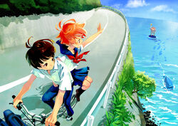  2boys aged_up ahoge arm_around_waist bicycle bicycle_basket black_legwear blouse blue_pants blue_skirt briefcase brown_hair bush commentary_request day female fish from_above fujimoto_(ponyo) gake_no_ue_no_ponyo guard_rail horizon kaekae kneehighs looking_at_another looking_back md5_mismatch multiple_boys multiple_riders neckerchief ocean orange_hair outdoors outstretched_arm pants pillion plant pleated_skirt ponyo red_hair riding road rock school_briefcase school_uniform serafuku shirt short_hair short_sleeves sidesaddle skirt sky socks sousuke_(ponyo) street traffic_barrier waves waving white_shirt 