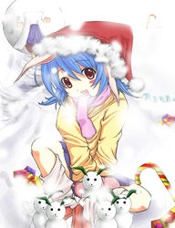  animal_ears awahime blue_hair blush bunny_(trickster) christmas commentary_request female hat loose_socks oerba_yun_fang open_mouth photoshop_(medium) rabbit_ears red_eyes santa_hat scarf short_hair sitting skirt snow snowman socks solo trickster_(ntreev_soft) 