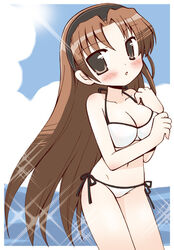  :o amatsuka_hikaru baby_princess bad_id bad_pixiv_id bikini blush border breasts brown_eyes brown_hair cleavage female hairband long_hair looking_at_viewer medium_breasts navel outside_border photoshop_(medium) shudou_rima side-tie_bikini_bottom solo sparkle sun sunlight swimsuit white_bikini 