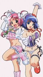  2girls :d age_difference ahoge ankle_ribbon arm_up bare_shoulders beads bloomers blue_eyes blue_hair blush blush_stickers boots bow breasts bridal_garter buckle camisole choker cleavage corset crop_top cross cross-laced_clothes detached_sleeves elbow_gloves flat_chest foreshortening frilled_panties frills from_side front-tie_top gloves groin hair_ribbon hairband hairbow head_tilt hip_focus knee_boots kokubunji_koyori lace large_breasts leg_lift leg_ribbon leg_up lingerie lolita_hairband long_hair looking_at_viewer low-tied_long_hair multiple_girls nakahara_komugi navel navel_piercing necktie nurse_witch_komugi-chan nurse_witch_komugi-chan_magikarte oerba_yun_fang official_art open_mouth outstretched_arm panties parted_bangs piercing pink_bloomers pink_eyes pink_footwear pink_hair pointing pointing_at_viewer ribbon satou_taka shoes short_hair side-tie_panties simple_background smile standing standing_on_one_leg strapless string_panties two_side_up underwear underwear_only v white_gloves white_panties 