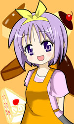  apron arms_behind_back cake commentary_request dessert female food gakusenya hair_ribbon hiiragi_tsukasa lucky_star pastry pie pudding purple_eyes purple_hair ribbon short_hair solo 