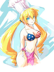  american_flag american_flag_bikini american_flag_print apron bare_shoulders bikini blonde_hair blue_eyes breasts chef_hat cleavage drill_hair female flag_print hat kenpa long_hair lowres medium_breasts monica_adenauer print_bikini side-tie_bikini_bottom solo swimsuit toque_blanche twintails yakitate!!_japan 