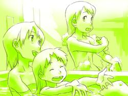  3girls baariya bath commentary_request dennou_coil green_theme happy hashimoto_fumie missing_tooth monochrome multiple_girls nude okonogi_kyouko okonogi_yuuko same-sex_bathing shared_bathing smile 