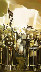  6+others ambiguous_gender armor army axe battle_axe belt belt_buckle blonde_hair breastplate brown_belt buckle chainmail cloud cloudy_sky commentary cross cross_patty day facing_viewer female flag flagpole full_armor gauntlets hammer helm helmet hill holding holding_flag holding_shield knight knights_hospitaller latin_cross light_rays looking_at_viewer maltese_cross medieval mountainous_horizon multiple_others outdoors outstretched_arm pennant robe scenery sepia shield sky spot_color standing sunbeam sunlight tabard templar teutonic_knight total_war war weapon white_hair yana_yana 