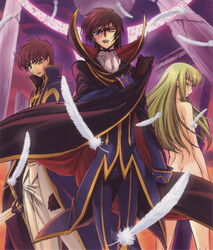  2boys black_hair brown_hair c.c. cape code_geass feathers female green_eyes green_hair highres kimura_takahiro knights_of_the_round_uniform kururugi_suzaku lelouch_vi_britannia long_hair long_legs multiple_boys nude official_art ookouchi_ricca zero_(code_geass) 