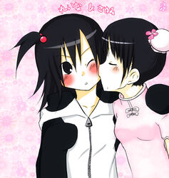  2girls ;o bad_id bad_pixiv_id black_hair blush china_dress chinese_clothes collarbone dress frills izumi_(q!) jacket kissing michishige_sayumi morning_musume multiple_girls one_eye_closed parted_lips photoshop_(medium) short_hair side_ponytail tanaka_reina track_jacket upper_body yuri zipper 