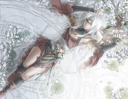  blackbird_(shilin) carciphona commentary english_commentary fantasy female flower green_eyes long_hair lying md5_mismatch shilin solo sword veloce_visrin water weapon white_hair 