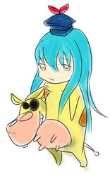  blue_hair commentary cosplay costume cow_&amp;_chicken cow_(cow_&amp;_chicken) cow_(cow_&amp;_chicken)_(cosplay) crossover female full_body hat kamishirasawa_keine lowres simple_background solo touhou vchghsome white_background 