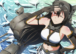  breasts futami_(mg42fw190d) kantai_collection nagato_(kancolle) navel water wink 