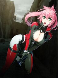  :o absurdres alley amanda_werner barrel black_bodysuit blassreiter blush bodysuit bracer breasts breasts_squeezed_together building city cleavage cleavage_cutout clothing_cutout cloud cloudy_sky female green_eyes gun hair_between_eyes hair_rings handgun highres hip_focus holding holding_gun holding_weapon ladder large_breasts leaning_forward leg_lift leg_up long_hair nishii_(damnedrive) official_art open_mouth outdoors pink_hair railing running scan skin_tight sky solo trigger_discipline turtleneck unzipped v_arms weapon zipper zipper_pull_tab 