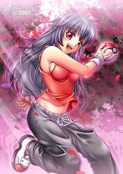  2009 :d ahoge armlet armpits artist_name black_hair blush borrowed_character cherry_blossoms commentary_request female highres holding holding_poke_ball long_hair navel open_mouth original pants petals photoshop_(medium) poke_ball poke_ball_(basic) pokemon red_eyes red_shirt ribbon shirt sleeveless smile solo songwut_ouppakarndee stomach tank_top track_pants tree very_long_hair white_ribbon 