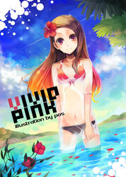  bad_id bad_pixiv_id bikini blush brown_eyes brown_hair commentary_request female flower front-tie_top gradient_hair hair_flower hair_ornament hibiscus idolmaster idolmaster_(classic) long_hair minase_iori multicolored_hair navel petals pos_(shiratama-ya) see-through smile solo swimsuit wading water 