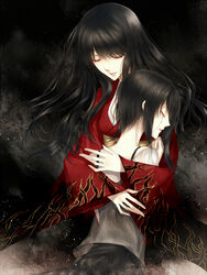  2girls asou_misaki black_hair blush closed_eyes commentary_request dress fatal_frame fatal_frame_4 haibara_sakuya hug japanese_clothes kimono long_hair multiple_girls short_hair tears yusa_tk74 