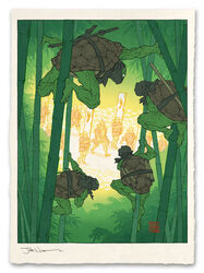  6+boys bamboo bamboo_forest bo_staff commentary donatello_(tmnt) english_commentary fine_art_parody foot_clan forest jed_henry leonardo_(tmnt) mask michelangelo_(tmnt) mouth_mask multiple_boys nature nihonga ninja ninja_mask ninjatou nunchaku outdoors parody print_(medium) raphael_(tmnt) sai_(weapon) sheath sheathed short_sword shredder_(tmnt) staff sword teenage_mutant_ninja_turtles ukiyo-e weapon weapon_on_back 