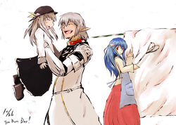  1boy 2girls :d alternate_costume apron armor black_skirt blue_apron blue_hair buronko buront carrying child_carry comforter commentary_request crossover dated dress family father_and_daughter fatherly final_fantasy final_fantasy_xi food food-themed_hair_ornament food-themed_hat_ornament fruit fruit_hat_ornament grey_hair hair_ornament happy hat hat_ornament hinanawi_tenshi komojino-u laundry leaf_hat_ornament lifting_person lolicon long_hair motherly multiple_girls open_mouth peach peach_hair_ornament peach_hat_ornament red_eyes red_skirt rug_beater short_hair skirt smile the_iron_of_yin_and_yang touhou 