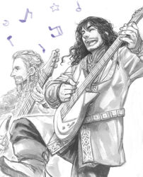  2boys bass_guitar beard brothers commentary_request facial_hair fili greyscale guitar instrument kili_(the_hobbit) merumeru626 monochrome multiple_boys siblings the_hobbit tolkien&#039;s_legendarium 