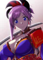  blue_eyes breasts commentary_request detached_sleeves earrings fate/grand_order fate_(series) female hair_ornament highres japanese_clothes jewelry katana large_breasts light_purple_hair looking_at_viewer miyamoto_musashi_(fate) mottio obi ponytail sash smile solo sword thighhighs weapon 