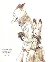  2017 anthro belt bottomwear canid canine closed_eyes clothed clothing dipstick_ears disney duo ear_markings female fox fully_clothed fur gloves handwear holidays hug interlocked_fingers jacket judy_hopps lagomorph leporid long_ears male mammal monochrome multicolored_ears new_year nick_wilde noko_ume open_mouth open_smile pants rabbit red_fox scarf side_view simple_background smile topwear true_fox white_background zootopia 