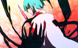  532_(steel_p) back bad_id bad_pixiv_id blood blood_on_face blood_on_weapon blue_eyes blue_hair cape female highres looking_at_viewer looking_back magical_girl mahou_shoujo_madoka_magica mahou_shoujo_madoka_magica_(anime) miki_sayaka miki_sayaka_(magical_girl) sebastians_(madoka_magica) short_hair solo sword weapon 