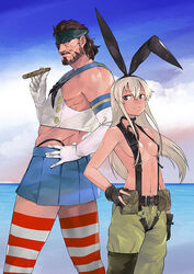  1boy back-to-back big_boss big_boss_(cosplay) breasts cigar commentary_request cosplay costume_switch crossdressing crossover female ikuyoan kantai_collection metal_gear_(series) shimakaze_(kancolle) shimakaze_(kancolle)_(cosplay) small_breasts striped_clothes striped_thighhighs suspenders thighhighs throat_microphone topless_male 