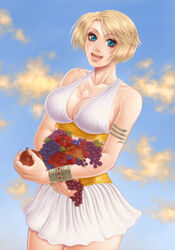  apple arisen_(dragon&#039;s_dogma) armlet arusha bare_shoulders blonde_hair blue_eyes blue_sky bracelet breasts cleavage commentary_request day dragon&#039;s_dogma dragon&#039;s_dogma_(series) female food fruit grapes halterneck holding holding_food holding_fruit jewelry large_breasts lips midriff scar short_hair skirt skirt_set sky smile solo 