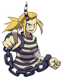  breasts chains commentary_request cuffs female giant giantess green_eyes horns idc_zazie large_breasts long_hair pointing pointing_at_viewer pointy_ears ponytail prison_clothes scythana shackles sharp_teeth shirt single_horn skullgirls solo striped_clothes striped_shirt teeth transparent_background upper_body 