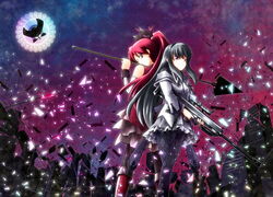  3girls akemi_homura akemi_homura_(magical_girl) black_hair commentary_request gun horikawakyo long_hair magical_girl mahou_shoujo_madoka_magica mahou_shoujo_madoka_magica_(anime) multiple_girls polearm ponytail red_hair rifle sakura_kyoko sakura_kyoko_(magical_girl) walpurgisnacht_(madoka_magica) weapon 