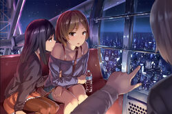  2girls bag bare_shoulders black_hair blush bottle brown_eyes brown_hair cityscape commentary_request ferris_wheel ferris_wheel_interior handbag holding_another&#039;s_arm leaning_forward long_hair multiple_girls night night_sky open_mouth original pantyhose photoshop_(medium) poo_(saku) short_hair shorts sitting skirt sky water_bottle 