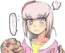  ? andou_ruruka anger_vein angry blue_eyes bob_cut danganronpa danganronpa_3 eyebrows female hand jacket japenese_text pink_hair shirt short_hair simple_background smile text white_background 