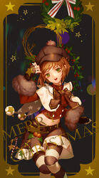  absurdres bad_id bad_pixiv_id balabling brown_hair card cardcaptor_sakura christmas commentary_request female green_eyes hat highres kinomoto_sakura looking_at_viewer magical_girl open_mouth photoshop_(medium) short_hair smile solo 