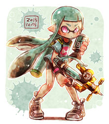  aqua_hair aqua_shirt bad_id bad_pixiv_id bike_shorts black_shorts blunt_bangs dated female full_body harutarou_(orion_3boshi) holding holding_weapon ink_tank_(splatoon) inkling inkling_(language) inkling_girl inkling_player_character long_hair looking_at_viewer paint_splatter pointy_ears print_shirt purple_eyes shirt shoes shorts single_vertical_stripe sneakers solo splash-o-matic_(splatoon) splatoon_(series) splatoon_1 standing suction_bomb_(splatoon) tentacle_hair weapon white_footwear wristband 