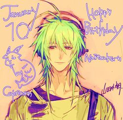  1boy antenna_hair bright_pupils capricorn_(zodiac) commentary_request green_hair hair_between_eyes happy_birthday headphones male_focus naitou-kun nitro+_chiral orange_background red_eyes simple_background smile solo yamada_uiro zodiac 