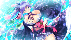  blush breasts cleavage female floating_hair floral_print flower flower_knot game_cg green_eyes hair_ornament highres large_breasts lily_pad long_hair looking_at_viewer lovekami obi official_art pink_flower sara_benzaiten sash smile solo water water_lily_flower wide_sleeves yashima_takahiro 