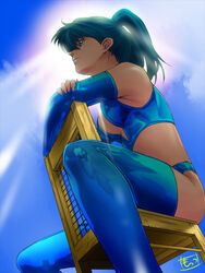  aoi_(mots) bad_id bad_pixiv_id blue_eyes blue_hair breasts chair day female from_below latex latex_legwear light_rays medium_breasts mots original shiny_clothes sitting sitting_backwards sky solo sun sunbeam sunlight thighhighs 