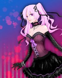  breasts choker cleavage comiya corset dusk female goth_fashion hair_ribbon jewelry large_breasts necklace pink_hair red_eyes ribbon shiki_(novel) shimizu_megumi smirk solo wristband 