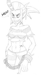  bare_shoulders breasts chains commentary_request crop_top cuffs female fingernails giant giantess greyscale grin groin highres horns john_grave large_breasts long_hair lowleg midriff monochrome navel pointy_ears ponytail prison_clothes scar scythana shackles sharp_teeth single_horn skullgirls smile solo teeth toned 