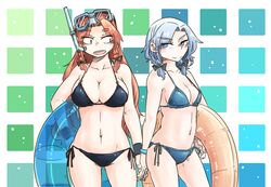  2girls bikini blue_eyes bow braid breasts commentary_request diving_mask goggles holding_hands hong_meiling innertube izayoi_sakuya large_breasts long_hair mask multiple_girls orange_hair ponke side-tie_bikini_bottom smirk snorkel string_bikini swim_ring swimsuit touhou twin_braids white_hair wristband yuri 