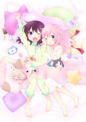  5girls :3 ;o =_= alarm_clock alternate_hairstyle animal_ears aqua_eyes arm_up barefoot black_hair blanket blush bottle breasts cat-shaped_pillow cat_ears cat_tail cellphone cellphone_charm cellphone_strap charm_(object) chestnut_mouth cleavage clenched_hand clock clothes_writing commentary_request frilled_pillow frills hair_down konagai_yuuko lying maa_(nyanko_days) medium_breasts mini_person minigirl multiple_girls nightgown nyanko_days official_art on_back one_eye_closed open_mouth pajamas paw_print perfume_bottle phone pillow pink_hair pleated_skirt print_pajamas purple_eyes rou_(nyanko_days) rubbing_eyes shii_(nyanko_days) shiratori_azumi side-by-side skirt smartphone smartphone_case star-shaped_pillow strap_slip tail tarabagani yawning 